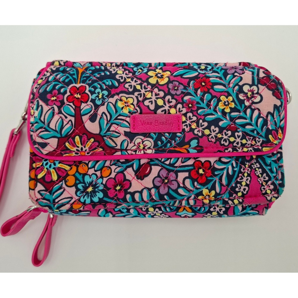 VeraBradley RFID All in One Crossbody Wristlet Wallet Pink Floral Quilted Cotton